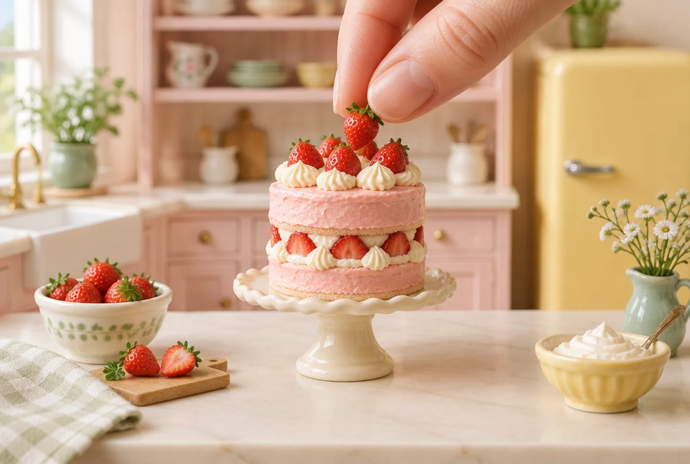 Illustrative tiny pink strawberry cake with a fingertip showing its scale